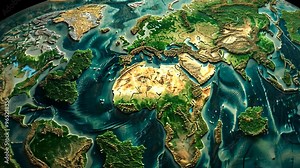 Explore a detailed topographical relief map of the world showcasing continents, mountains, rivers, and natural features vividly