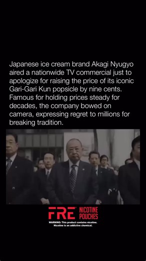 3.1M Commanders on Instagram: "Japan’s ice cream giant Akagi Nyugyo did the unthinkable: they aired a nationwide TV commercial solely to apologize for raising the price of their iconic Gari-Gari Kun popsicle—by just nine cents. After decades of keeping prices literally frozen and earning deep consumer trust, breaking tradition felt serious enough to warrant a public bow. In an era when brands deflect blame, Akagi transformed a tiny price increase into a viral lesson in loyalty and accountability