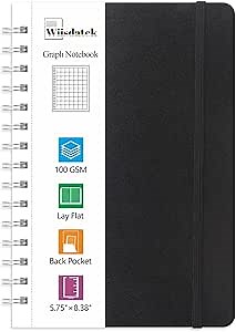 Graph Paper Notebook, Spiral Graph Grid Notebook with 100gsm Thick Graph Paper, Medium 5.75'' × 8.38'', Hardcover, Double-Wire, Inner Pocket(Black)