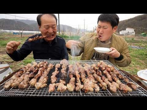 A different taste of duck, charcoal grilled duck skewers over open flame - Mukbang eating show