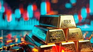 Stack of gold bars with digital financial data in the background