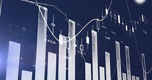 Animation of statistical data processing against light spot on blue background. Business data technology concept