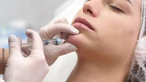 A cosmetologist wearing medical gloves performs a cosmetic procedure to enlarge the chin and correct the face. Video for a beauty salon. Concept of cosmetic injection procedures