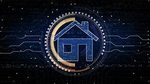 Smart home network system, house remote control and iot symbol abstract digital concept. Network, cyber technology and computer background seamless and looped animation.