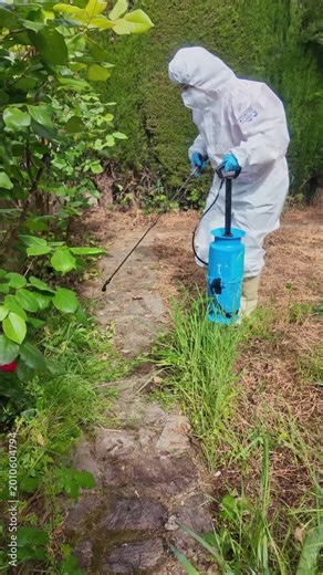 Vertical shot of woman in white protective suit applying pesticide or fungicide treatment to rose garden using pressurized spray wand.