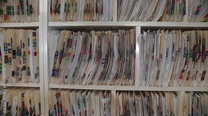Medical cards on shelves in hospital. Health insurance folders in archive files. Records and catalogs in medicine clinic. Patient healthcare information