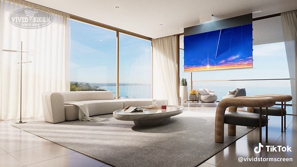 Ceiling hidden screen design: with a single press, the projector and screen activate. When not in use, they hide perfectly in the ceiling, keeping your space tidy. Effortlessly experience smart living! #Living #Experience #CeilingHiddenScreen #Projector #Screen #AutomaticOpening #One-TouchOperation #HighDefinition #ImpressiveSound #Conceal #Space #Tidy #Aesthetic #Technology