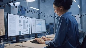 Factory Office: Portrait of Beautiful and Confident Female Industrial Engineer Working on Computer, on Screen Industrial Electronics Design Software. High Tech Facility with CNC Machinery