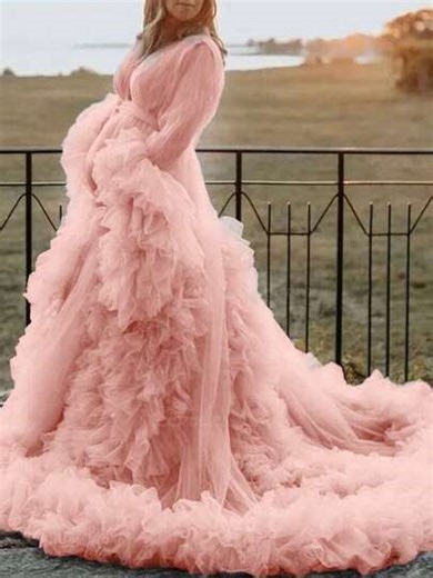 Dusty Pink Women Sleepwear Size XXS XS S M L XL 2XL 3XL 4XL Bathrobe Gift For Girlfriend Oversized Party Wear Dresses Pregnant Gown For Photoshoot Sexy Mesh Fabric Ruffle Hem Wedding Kimono Relax Fit Beach Wedding Dresses With Belt Tie Photography | SHEIN