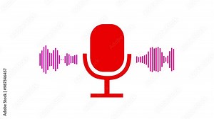 Digital sound waves are podcast audio signals. Red microphone with a purple audio waveform equalizer and seamless loop. Digital sound equalizer isolated on white background