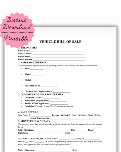 Vehicle Bill of Sale Template | Car Purchase Agreement With Notary (PDF Download - Etsy