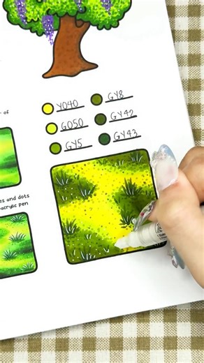 Southern Lotus Coloring Books on Instagram: "How to Draw Grass with an Easy Step-by-Step Guide 🌿✨ Layer your light and dark greens, blend in soft shadows, and finish with bright dots and strokes using a white acrylic pen! 🎨 Colored with: Ohuhu Markers 📖 Page from: How to Draw Easy Patterns Coloring Guide Book 🔗 Looking for easy tutorials to color every day? This book is made just for you. Check the bio! 💕 #southernlotus #southernlotuscoloring #southernlotuscoloringbook #coloringtutorial #co