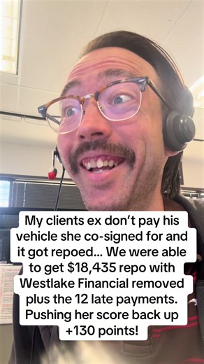 My clients ex don’t pay his vehicle she co-signed for and it got repoed… We were able to get $18,435 repo with Westlake Financial removed plus the 12 late payments. Pushing her score back up 130 points!#creditrepair #credit #creditscore #fyp #badcredit goodcredit creditcard bankruptcy tax refund debt fyp viral collections