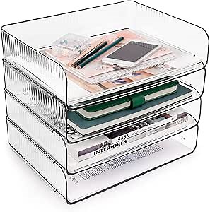 File Organizer, Clear Stackable Desk Organizers and Accessories Tray Set, PET Letter Tray Paper Tray, A4 Size Office Desktop File Paper Holder Book Storage Rack (4 Pack x Landscape)