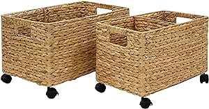 Made Terra Set 2 Wicker Storage Baskets on Wheels | Straw Wire Willow Woven Baskets for Kitchen, Pantry, Home Organization and Décor (Water Hyacinth - Fishbone Weaving)
