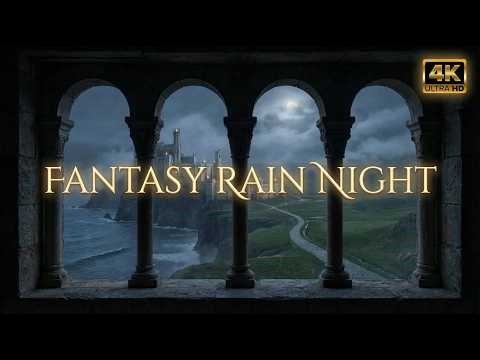 4K Projector Window View: Ancient Cliffside Fortress Rain 🌧️ | Ocean Night Ambience for Deep Sleep