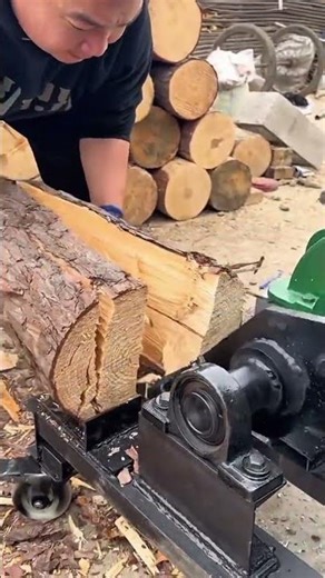 splitting large wooden logs into quarters with a powerful hydraulic wood splitter for firewood