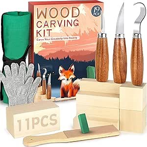 Wood Carving Kit, Whittling Kit for Beginners 19PCS Wood Carving Tools with 3PCS Whittling Knife 11PCS Basswood Blocks & Gloves & Strop Block & Polishing Compound Wood Carving Set Hobbies for Adults