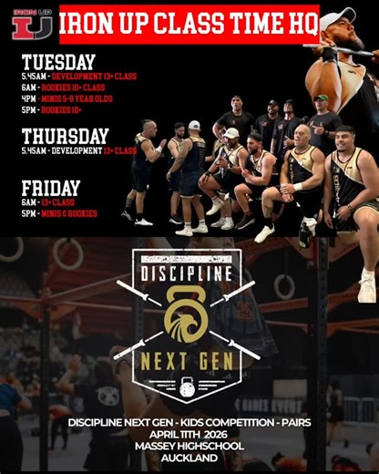 IRON UP SPORTS NZ on Instagram: "🔥 DISCIPLINE NEXT GEN – KIDS COMPETITION 🔥 📍 Massey High School | 🗓 April 11th, 2026 This is more than just another event… This is an experience your child will never forget 💪🔥 The Discipline Next Gen Games is all about: 🏋️‍♂️ Teamwork & partnership 🔥 Pushing limits in a fun, safe environment 💥 Confidence under pressure 🏆 Learning how to compete the RIGHT way That’s why we’ve added extra Iron Up classes to our timetable, to make sure our kids walk in pr