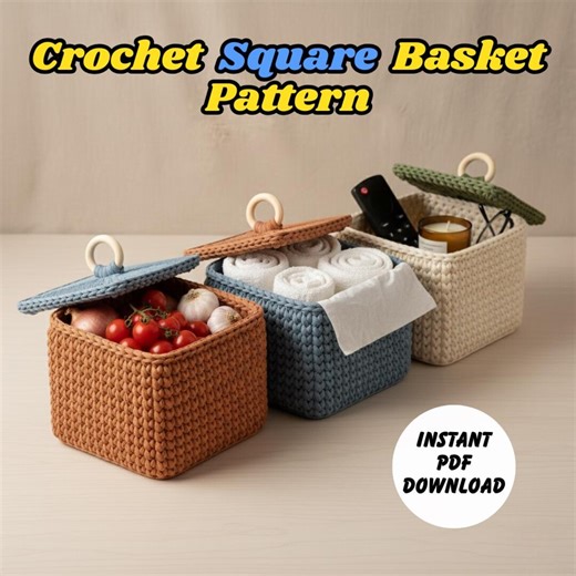 かぎ針編みのスクエアバスケットの型紙（蓋付き）PDF｜モダンな収納バスケットの作り方｜初心者向けかぎ針編みバスケットの型紙で作る家の整理整頓DIY - Etsy 日本