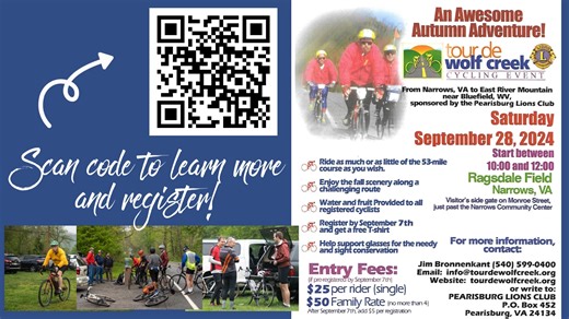 Sept 28 } Tour de Wolf Creek Returns. Sign Up & Details available at https://tourdewolfcreek.org/ | Giles County, Virginia