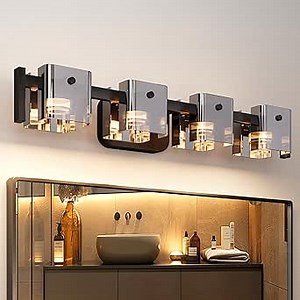 JACKYLED Bathroom Light Fixture, Modern 4-Light Vanity Lights with Art Glass Shades, 3 Color Temperatures LED Bathroom Lighting Fixture Over Mirror, 20W 1200 Lumen 30° Adjustable, Ash Gray Glass