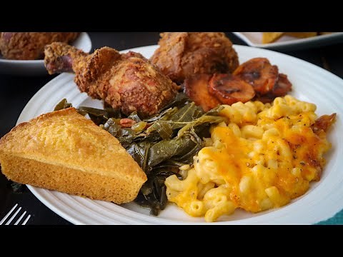 Soul Food Recipes:Sunday Dinner | Mac & cheese,Yams,￼Crispy Fried Chicken,Corn Bread+Collard Greens￼
