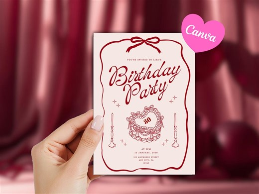 Editable Birthday Invitation Template | Blush and Burgundy Girls Party Invite | Bow Whimsical Design - Etsy