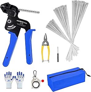 Stainless Steel Cable Tie Gun Set - With 150pcs Heavy Duty Cable Ties，Special Tool For Fastening And Cutting Metal Zip Ties-for Chain Link Fence Parts, Wire Fence Rolls,Exhaust Wrap, Outdoor Fences