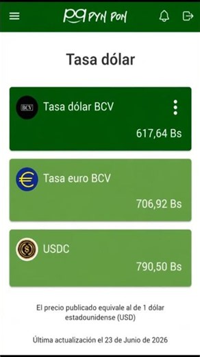 23/06/2026 Precio del Dólar. Descarga la App Pyn Pon Lite y mantente actualizado.