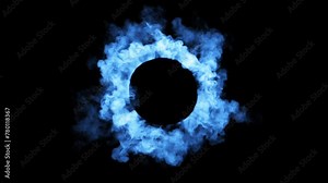 Blue energy burst. Clouds of smoke black background. Realistic 3d render simulation. Magic power circle isolated element. Seamless loop.
