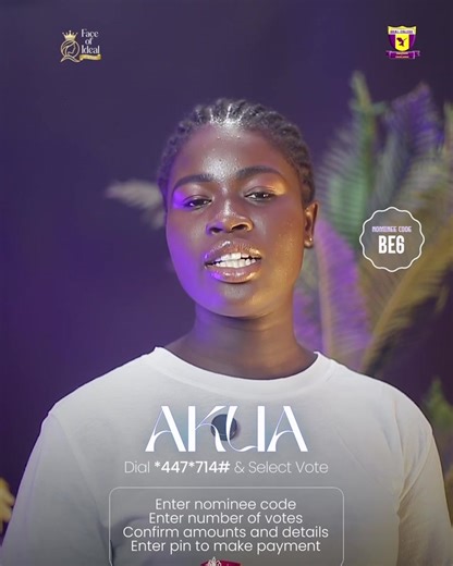 Face of Ideal 2026 Name : Awuku Anita Rose Stage Name: Akua Nominee Code: BE6 Using the USSD shortcode to vote Dial *447*714# Select Vote Enter nominee code Enter number of votes Confirm amounts and details Enter pin to make payment @Ideal college Ho SRC @IDEAL COLLEGE- LEGON @DS ONLINE TV GH @ekownketsiadonkoh #Srcweek2026