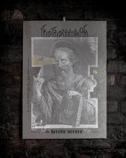 Official Behemoth Band Merch on Instagram: "🇬🇧 THE HERETIC VERSES – ON YOUR WALL. For the first time in years we’re unleashing a brand new Behemoth art poster. “The Heretic Verses” 🕯️ Museum-grade 50×70 cm art print 🕯️ Carbon polished graphite 250g art paper 🕯️ 5-colour mixed media: 2× white, pearl black, metallic gold, gold glitter spot varnish 🕯️ Hand-embossed with TSOG sigil 🕯️ Hand-numbered by Bartek Rogalewicz / LODGE.BLACK 🕯️ Hand-signed by Nergal, Orion & Inferno 🕯️ Strictly limi