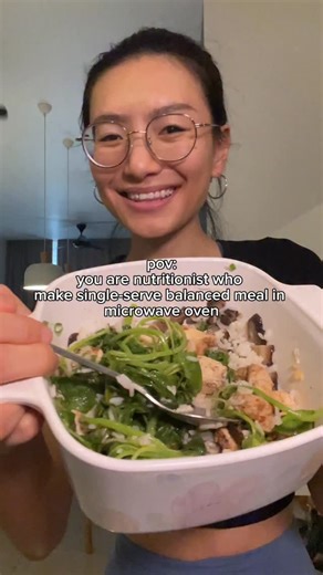 One-pot balanced meal in microwave! Cooking rice in microwave (1 portion) ½ cup rice (washed) 180g water In a microwaveable dish, add washed rice and water. Without cover, microwave at high power for 5 minutes. Cover the half cooked rice, microwave at high for 4-5 minutes. Leave the rice to sit in the container for 5 minutes. Fluff the rice with a fork! If you prefer a softer texture, continue cooking by adding 1 tbsp of water to the rice, cover, and microwave at high power for 2 minutes. Cookin