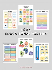 Set of 6 Educational Posters Printable | Classroom Decor, Toddler Child Room Wall Art, Preschool Kindergarten Learning Shapes Alphabet - Etsy