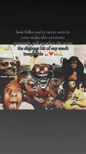 Flopolos 👾 on Instagram: "This video is a fast-paced, "brain rot" style meme that humorously illustrates the experience of people appearing out of nowhere the moment you have food. It features a clip of popular streamers Kai Cenat and Fanum, but it is heavily overlaid with a chaotic barrage of internet subculture icons, including IShowSpeed, Spongebob memes, "Trollface" variations, and various "Nextbots." The editing uses rapid-fire transitions and loud, distorted audio to mimic the overwhelmin