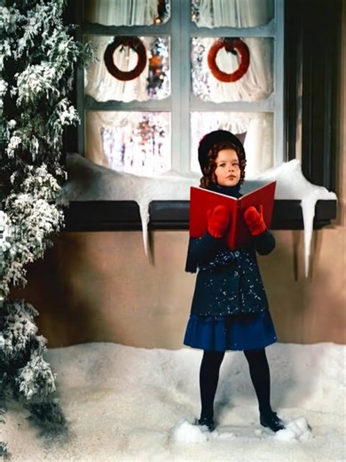 Shirley Temple Shirley Temple, US child star, poses in winter clothes, holding an open book, in front of window with icicles falling from the window ledge, with Christmas decorations in the window, beside a tree dusted with snow, circa 1940. (Photo by Silver Screen Collection/Getty Images) | Be Inspired