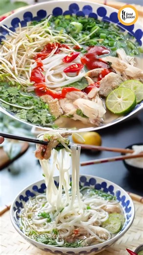 Vietnamese Chicken Pho Soup—aromatic broth, tender chicken, and silky rice noodles come together in a heartwarming bowl. Garnished with fresh herbs and a bright squeeze of lime for a burst of flavor! 🍜#foodfusion #soup#quickrecipes | Food Fusion