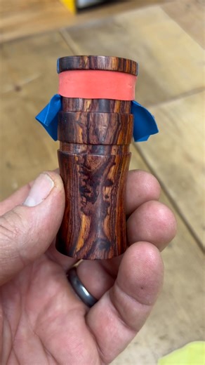 A cocobola Canada goose tube call. Often referred to as a “diaphragm call”. Just turned & tuned this one tonight. The beauty in wood just blows me away. Pure goose. I will have some available for purchase very soon. Cocobola, curly maple, and birdseye maple. | Connellee Calls
