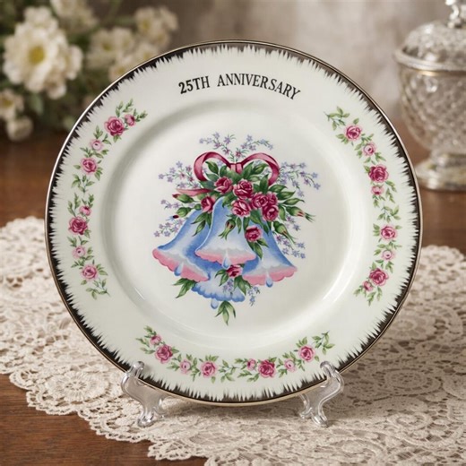 Vintage 25th Anniversary Plate | Blue & Pink Wedding Bells | Vintage Japan Porcelain | Floral Display Plate - Etsy