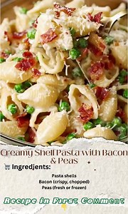 Creamy Shell Pasta with Bacon & Peas Tender pasta shells tossed in a rich parmesan cream sauce with smoky bacon and sweet peas. Yield: 4 servings Temp: Stovetop medium heat Time: 30 minutes Key Ingredients First: Pasta shells Bacon (crispy, chopped) Peas (fresh or frozen) ................................. Full Recipe in First Cօʍʍеոτ  | Golden Yummies | Facebook
