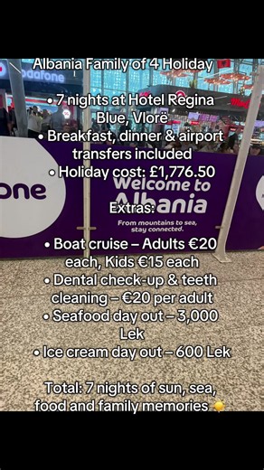 Albania Family Holiday – Hotel Regina Blue, Vlorë 7 nights at Hotel Regina Blue *Holiday package: £1,776.50 *Breakfast included (7:00am–10:00am) *Dinner included (7:00pm–10:00pm) *Airport transfers included Extras: • Boat cruise – Adults €20 each, Kids €15 each • Dental check-up & teeth cleaning – €20 per adult • Seafood day out – 3,000 Lek • Ice cream day out – 600 Lek Hotel Information: • Beachfront location • City centre only a 25minute drive away • Restaurants and shops nearby • Hotel restau