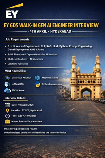 EY Recruitment 2026 | 40 Vacancies | Gen AI Engineer Walk-in Hyderabad | #job #hyderabadjobs
