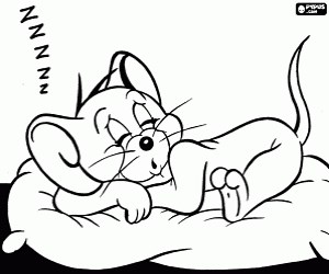 Jerry sleeping in its little bed coloring page printable game