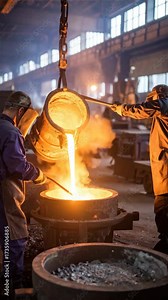 Steelworkers pouring molten metal into a form at a foundry, industrial manufacturing process, high heat, safety gear, hot work environment inside the factory.