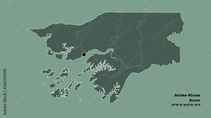 Quinara, region of Guinea-Bissau, with its capital, localized, outlined and zoomed with informative overlays on a administrative map in the Stereographic projection. Animation 3D