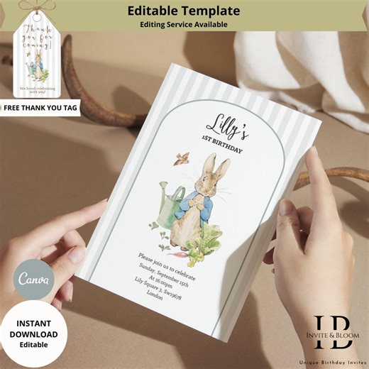 Peter Rabbit 1st Birthday Invitation, Editable Bunny Party (digital Download) - Etsy