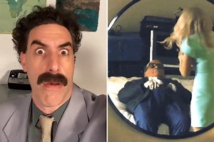 Giuliani reaches into pants in front of female fake reporter in Borat film