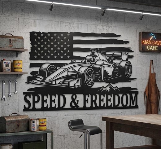 Race Car Metal Sign, Formula Racing Wall Art, American Flag Garage Decor