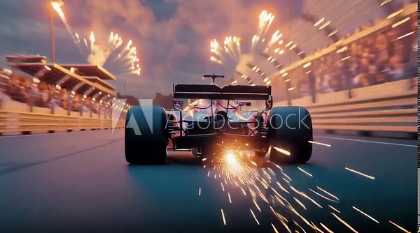 F1 car racing. High speed at night and fireworks in the background